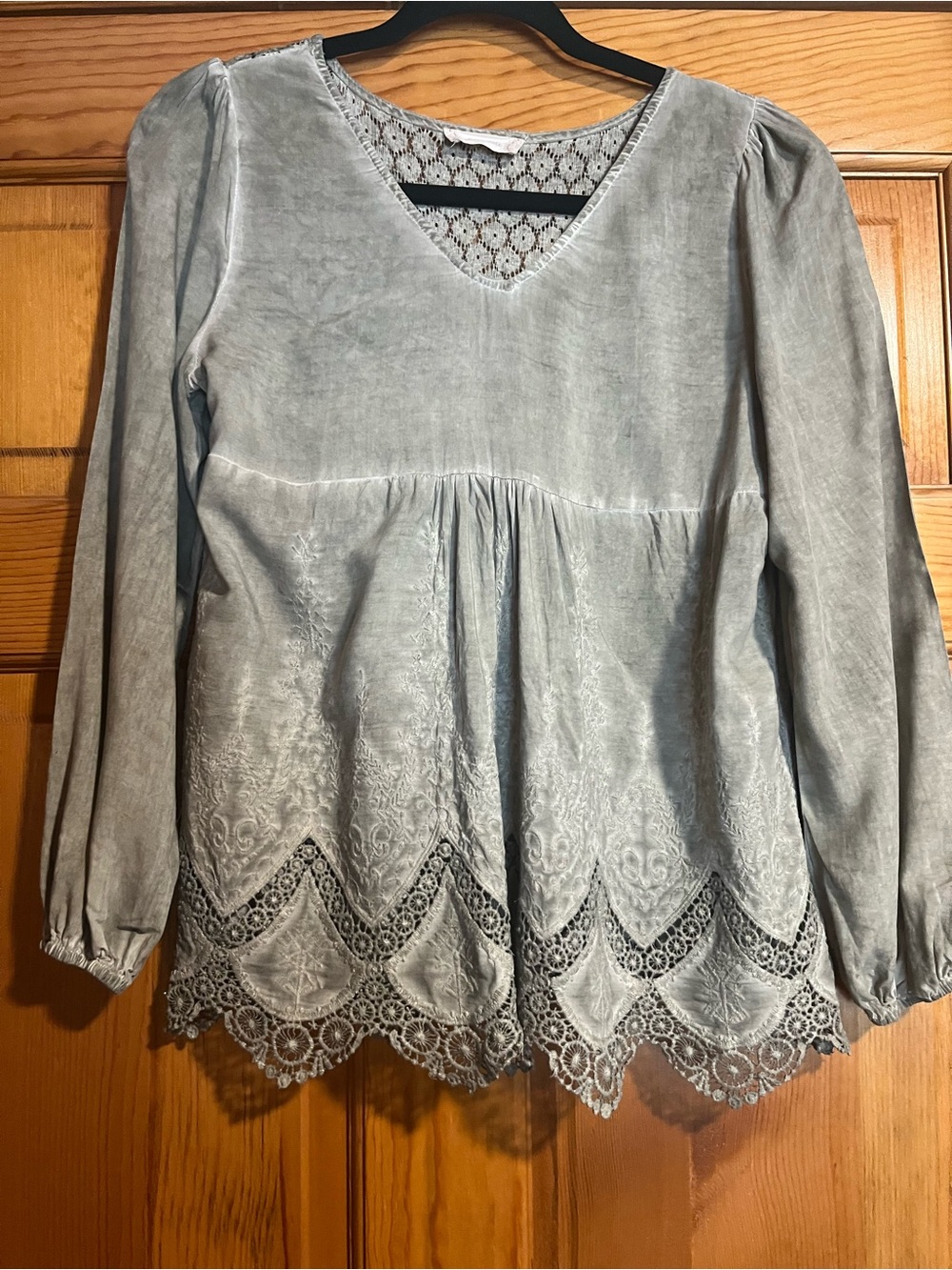 Altar’d State Gray Boho Embroidered Crochet Lace Tunic Blouse Long Sleeve